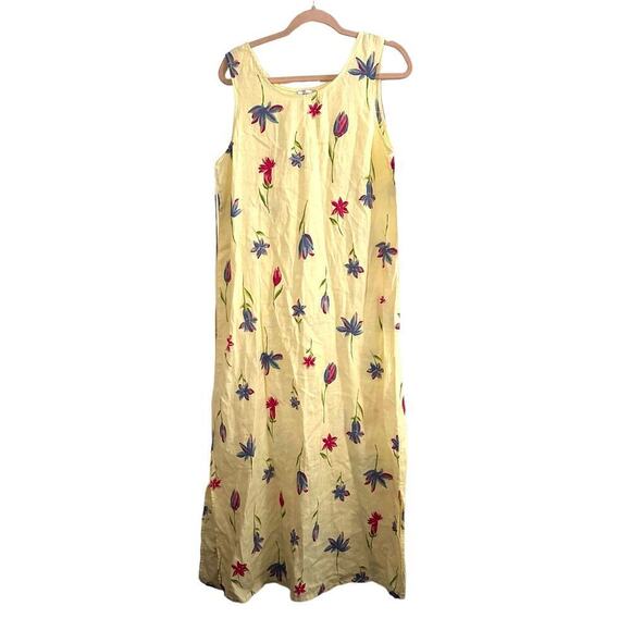 CAMILLE & CO Yellow Floral Watercolor Sleeveless Linen/Linen-Blend Maxi Dress M - Picture 1 of 4